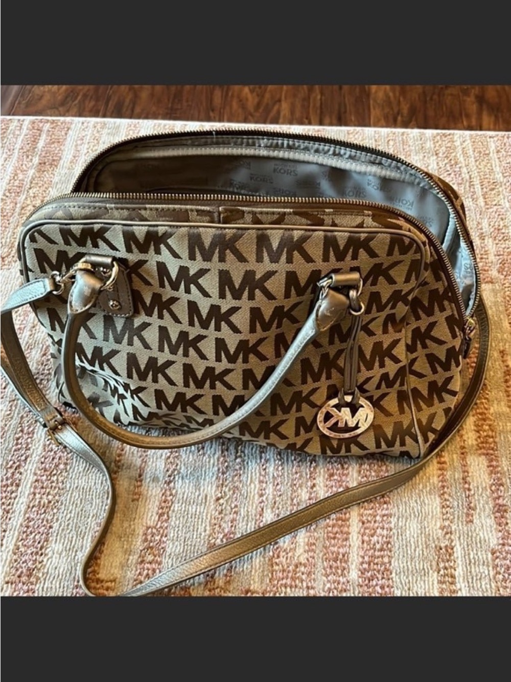 Michael Kors Beige Tan Logo-Print Satchel with Gold Hardware
